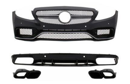 Front Bumper suitable for Mercedes C-Class C205 A205 Coupe Cabriolet (2014-2019) with Rear Bumper Valance Diffuser C63S Design All Black