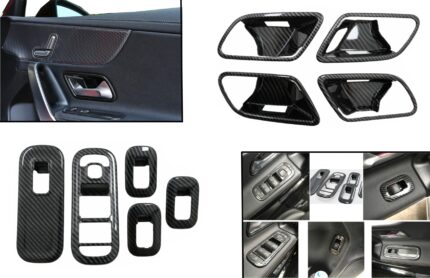 Car Window Glass Lift Switch Button Cover Trim with Inner Door Cover Handle Bowl Trim suitable for Mercedes A-Class W177 V177 (2018-Up) LHD Carbon