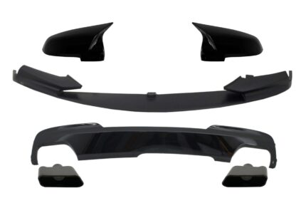 Front Bumper Spoiler Lip with Mirror Covers and Diffuser & Exhaust Muffler Tips Black suitable for BMW 5 Series F10 F11 Sedan Touring (2015-2017) M-Performance Design