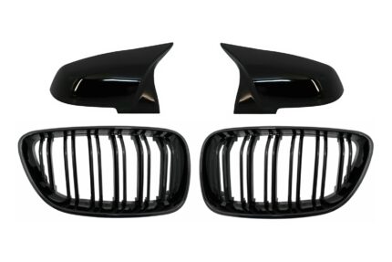 Central Kidney Grilles Double Stripe with Mirror Covers suitable for BMW 2 Series F22 F23 (2014-up) M Design Piano Black
