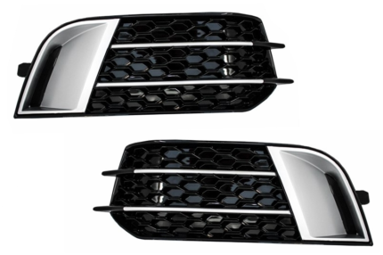 Side Grilles Fog Lamp Covers suitable for Audi A1 8X (2010-2015) RS1 Design Black with Brushed Aluminum Insertions