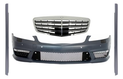 Front Bumper Assembly with Central Grille suitable for Mercedes W221 S-Class (2005-2010) and Side Skirts S63 S65 Design