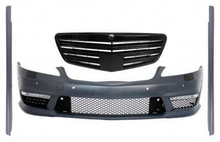 Complete Front Bumper Assembly with Central Grille suitable for Mercedes S-Class W221 (2005-2010) S63 S65 Design and Side Skirts Long Version