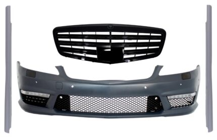 Complete Front Bumper Assembly with Central Grille suitable for Mercedes S-Class W221 (2005-2010) S63 S65 Design and Side Skirts Short Version