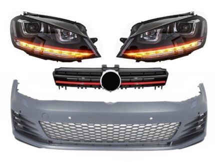 Front Bumper suitable for VW Golf VII Golf 7 2013-up GTI Look with Headlights 3D LED DRL RED Flowing Turn Light and Grille