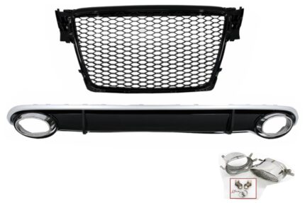 Rear Bumper Diffuser suitable for Audi A4 B8 Limousine Avant Pre Facelift (2007-2011) with Exhaust Tips RS4 Design and Central Grille Piano Black