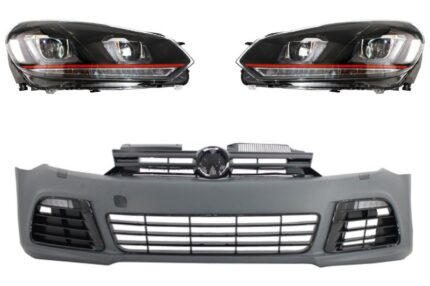 Front Bumper suitable for VW Golf VI 6 (2008-2013) R20 Look with Headlights 3D LED DRL U-Design LED Flowing Turning Light Red Stripe GTI