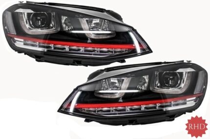 RHD Headlights 3D LED DRL suitable for VW Golf 7 VII (2012-2017) RED R20 GTI Look LED Flowing Dynamic Sequential Turning Lights