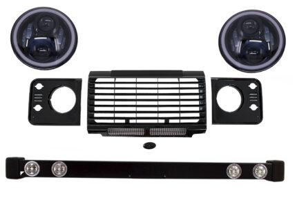 Front Bumper Assembly Grille & Covers  suitable for Land ROVER  Defender 90 110 (1990-2016) Black SVX Design with 7 Inch CREE LED Headlights Angel Eye Amber Halo DRL