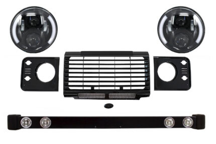 Front Bumper Assembly Grille & Covers  suitable for Land ROVER  Defender 90 110 (1990-2016) SVX Design with 7 Inch CREE LED Headlights Half Halo Black