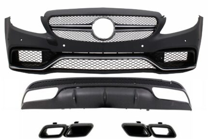 Front Bumper with Rear Diffuser and Exhaust Tips Night Package Black Edition Sport suitable for MERCEDES C-Class W205 S205 (2014-2020) C63 Design