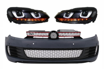 Front Bumper suitable for VW Golf VI 6 (2008-2013) GTI Look with Headlights Golf 7 3D LED DRL U-Design LED Flowing Turning Light Red Stripe GTI